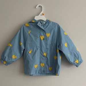 Zara Kids Rain Wind Jacket Toddler Girl 2T Blue Yellow Heart Print Hoodie
